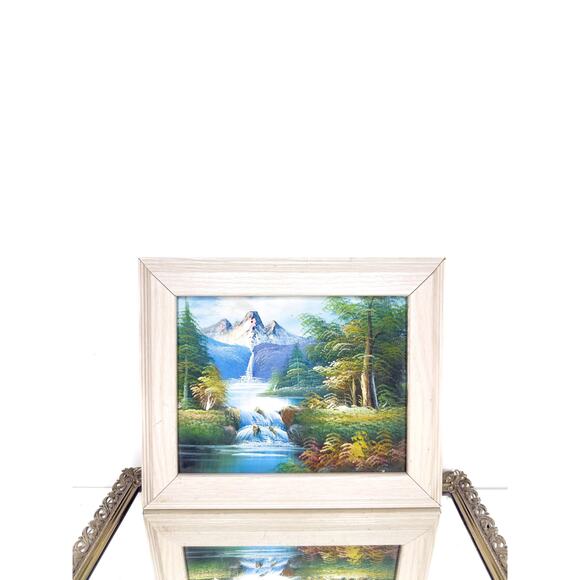 Vintage Wood framed oil painting on canvas with mountains, water falls, - Picture 1 of 9